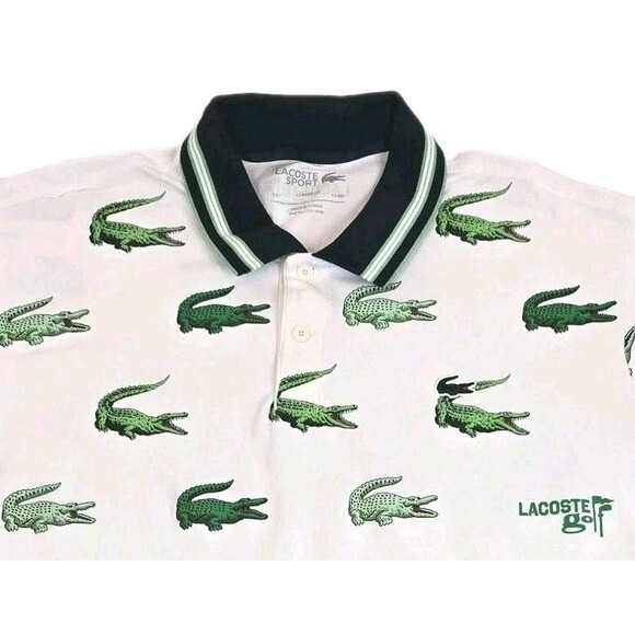 Lacoste Sport Polo Shirt Mens 2XL White Classic Fit All Over Crocodile Print - Picture 1 of 10